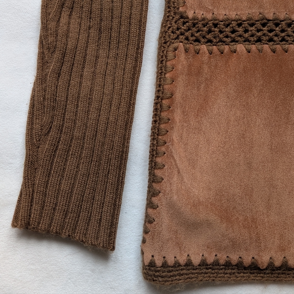 Vintage Valenti Women’s Suede Patchwork Knit Sweater Boho Brown Leather Size L - Picture 6 of 16